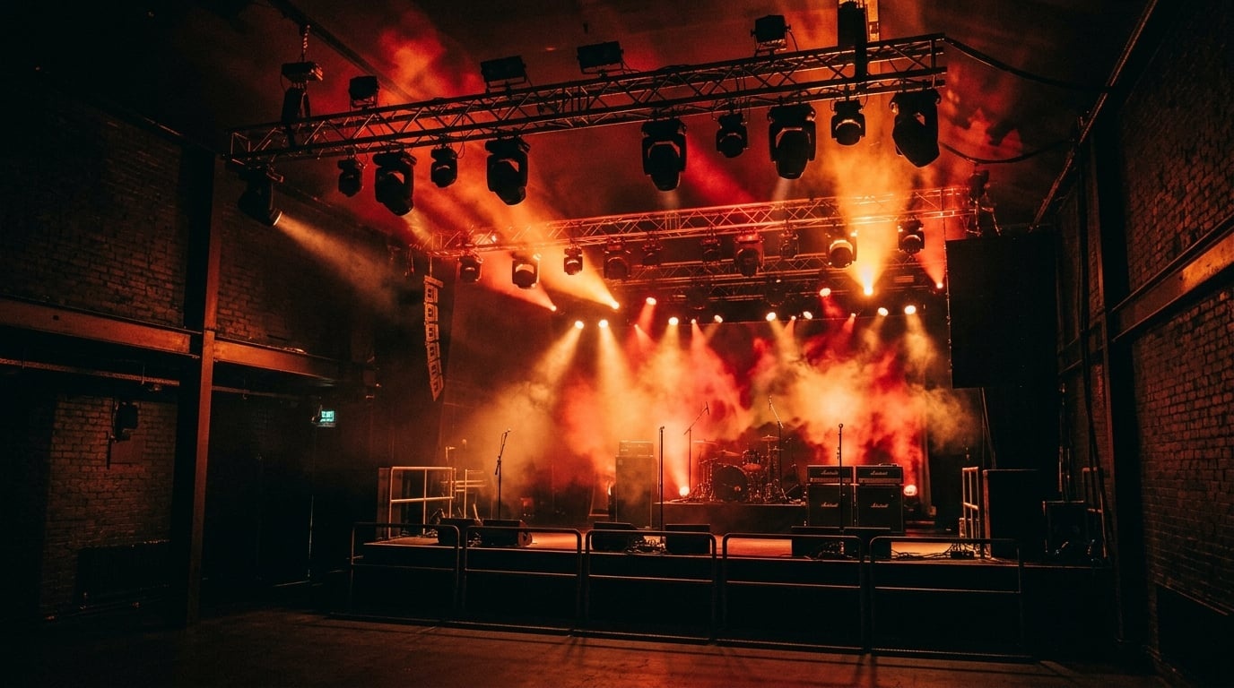 Dark concert venue with dramatic red and orange stage lighting